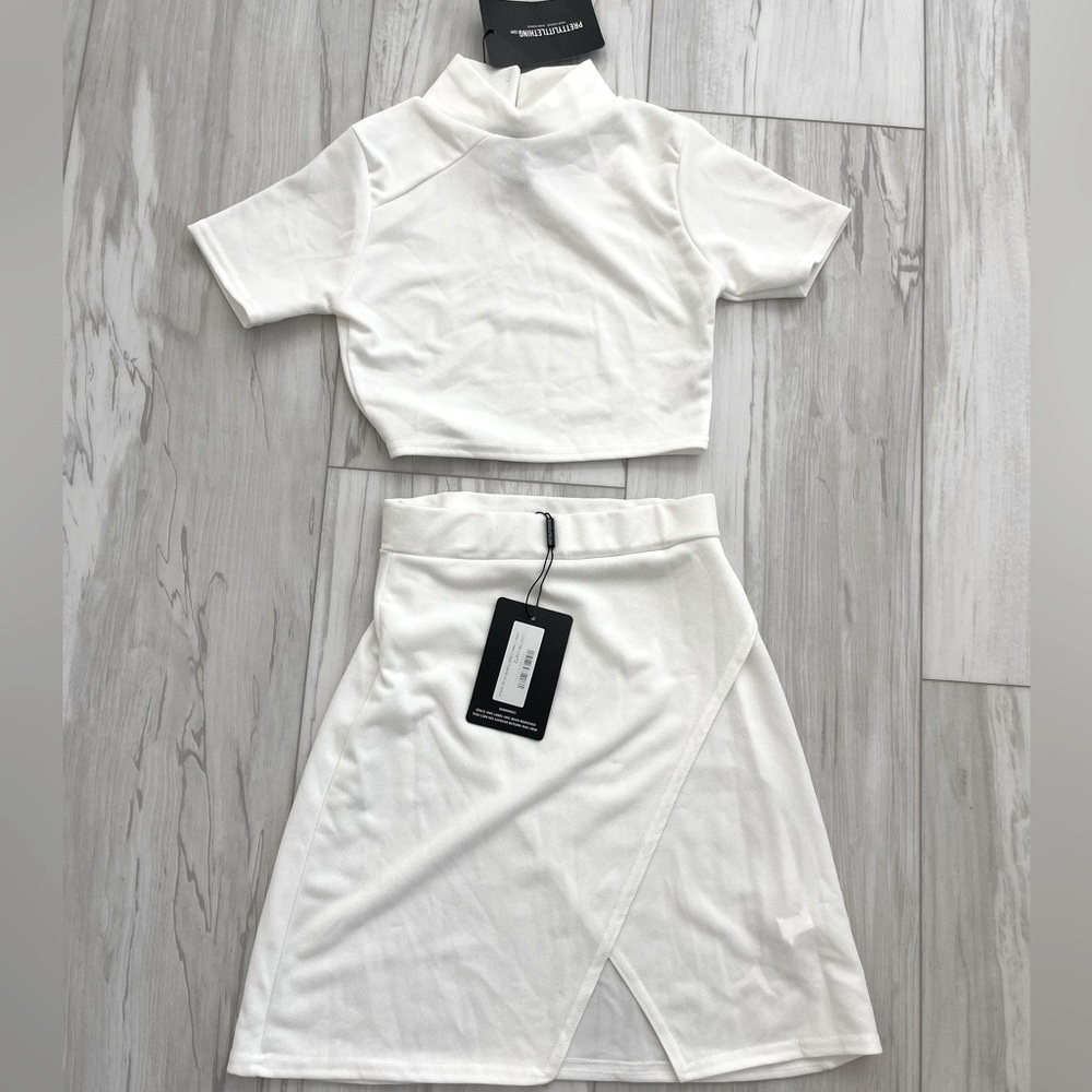 PRETTYLITTLETHING Petite Cream Crepe Oriental Collar Crop top & wrap skirt set